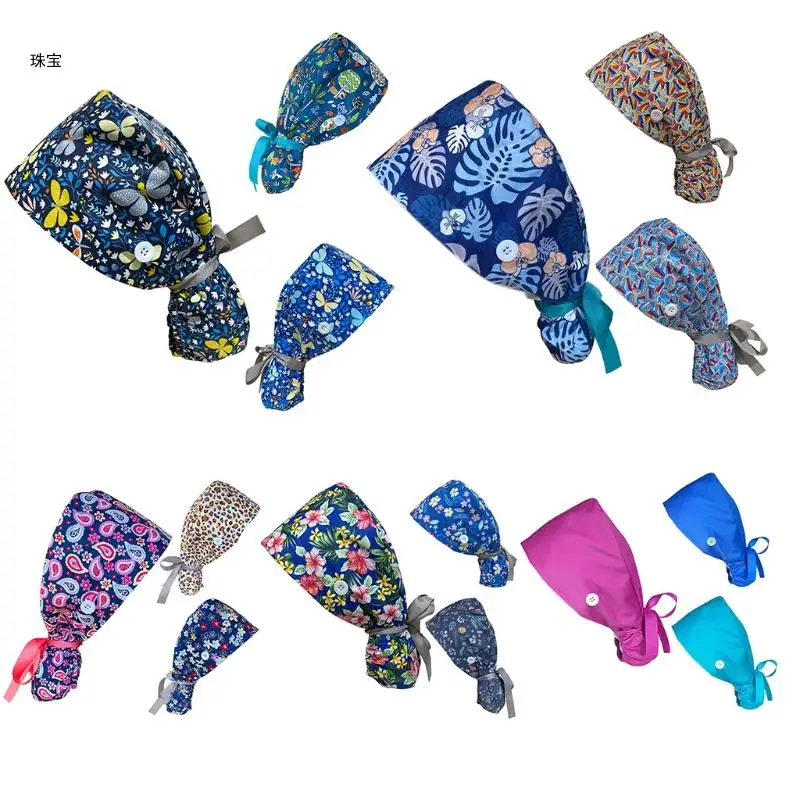 

X5QE 3Pcs Ponytail Long Hair Working with Button Sweatband Floral Tie Back Hat