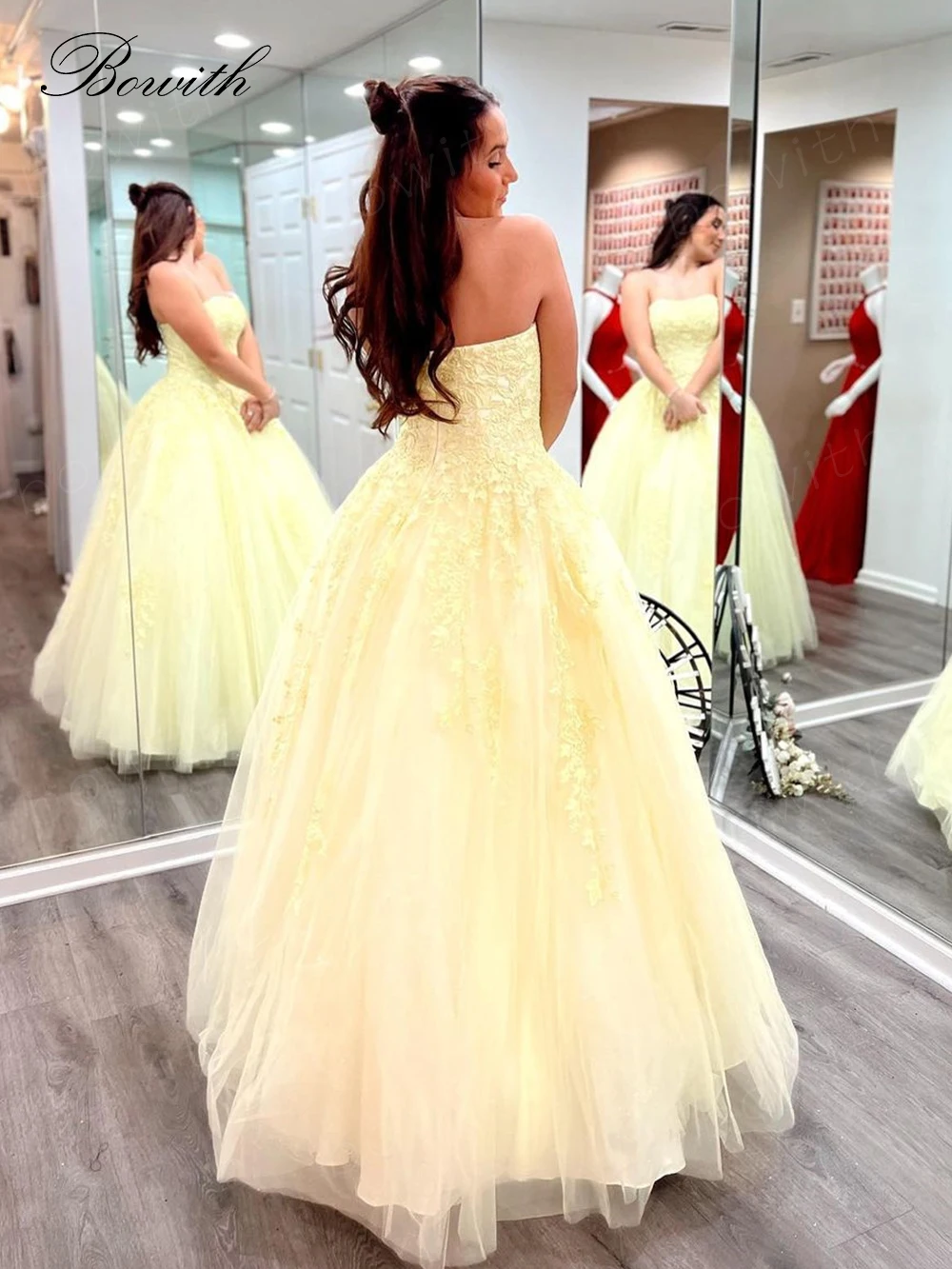 Bowith – robe de soirée en dentelle jaune, élégante, pour femmes, tenue de bal, de Gala, de luxe