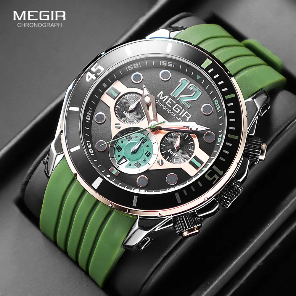 MEGIR Olive Green Sport Watches for Men Fashion Chronograph Quartz Wristwatch Waterproof 24-hour Display Watch часы мужские 2206 tissot t sport prc тахиметр кварцевые дайверы t114 417 17 037 02 t1144171703702 200m мужские часы