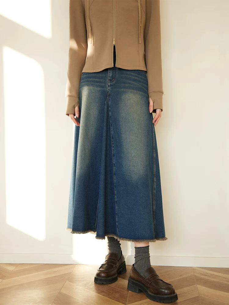 DUSHU Classic Style Retro Ripped Seam Raw Edge Denim Skirt for Women Spring Design High Waist Skirt Female 24DS81009