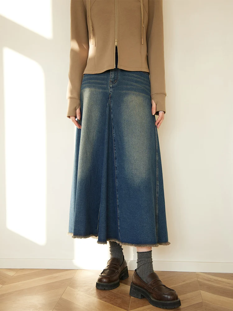 DUSHU Classic Style Retro Ripped Seam Raw Edge Denim Skirt for Women Spring Design High Waist Skirt Female 24DS81009 dushu high waist women denim blue knee length skirts hem retro raw edge design slit skirt spring female denim skirt 24ds81126