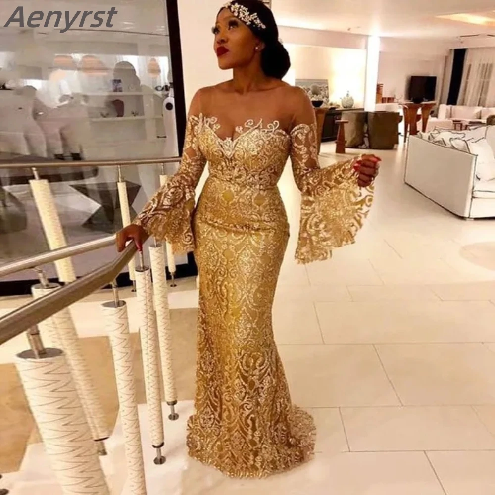 

Aso Ebi Prom Dresses Long Sleeve Gold Lace Evening Dress Illusion Neck Mermaid Formal Party Gowns Custom Made فستان حفلات الزفاف