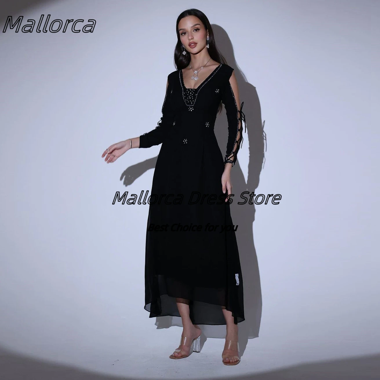

Mallorca Beaded V Neck Black Chiffon Prom Dresses Lace Up Long Sleeves Evening Gowns Chiffon Birthday Party Dress