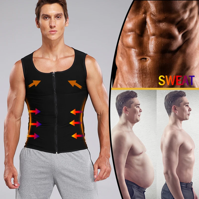 Mens Polymer Sauna Vest Sweat Body Shaper Slimming Compression Tank Top Zipper Workout Shirt Heat Trapping Suit