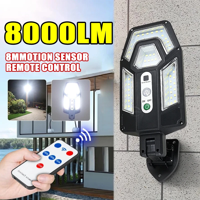 NEW 8000LM Outdoor Solar Lamps Motion Sensor Solar Lights Sunlight Power Street Wall Light IP65 Waterproof External Solar Lamp