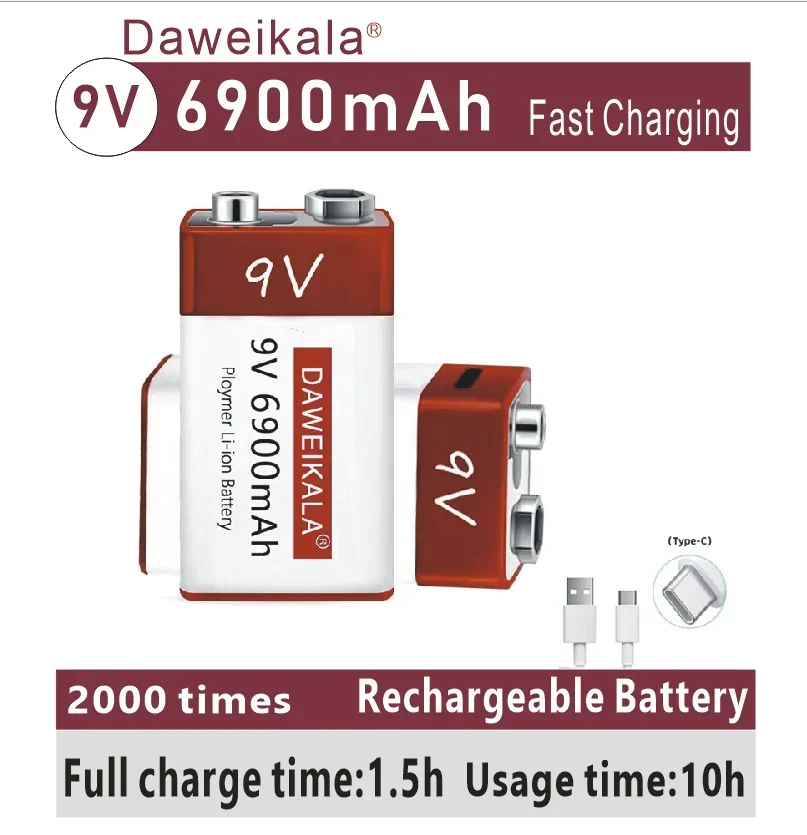 Wiederaufladbare 9V Akkus 6900mAh - 2er Pack Mit USB-Kabel | Für Spielzeug & Elektronik