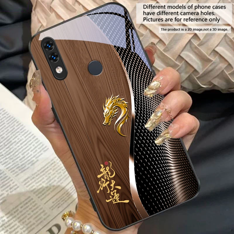 Elegant Black Tempered Glass Phone Case with Traditional Dragon Totem Design