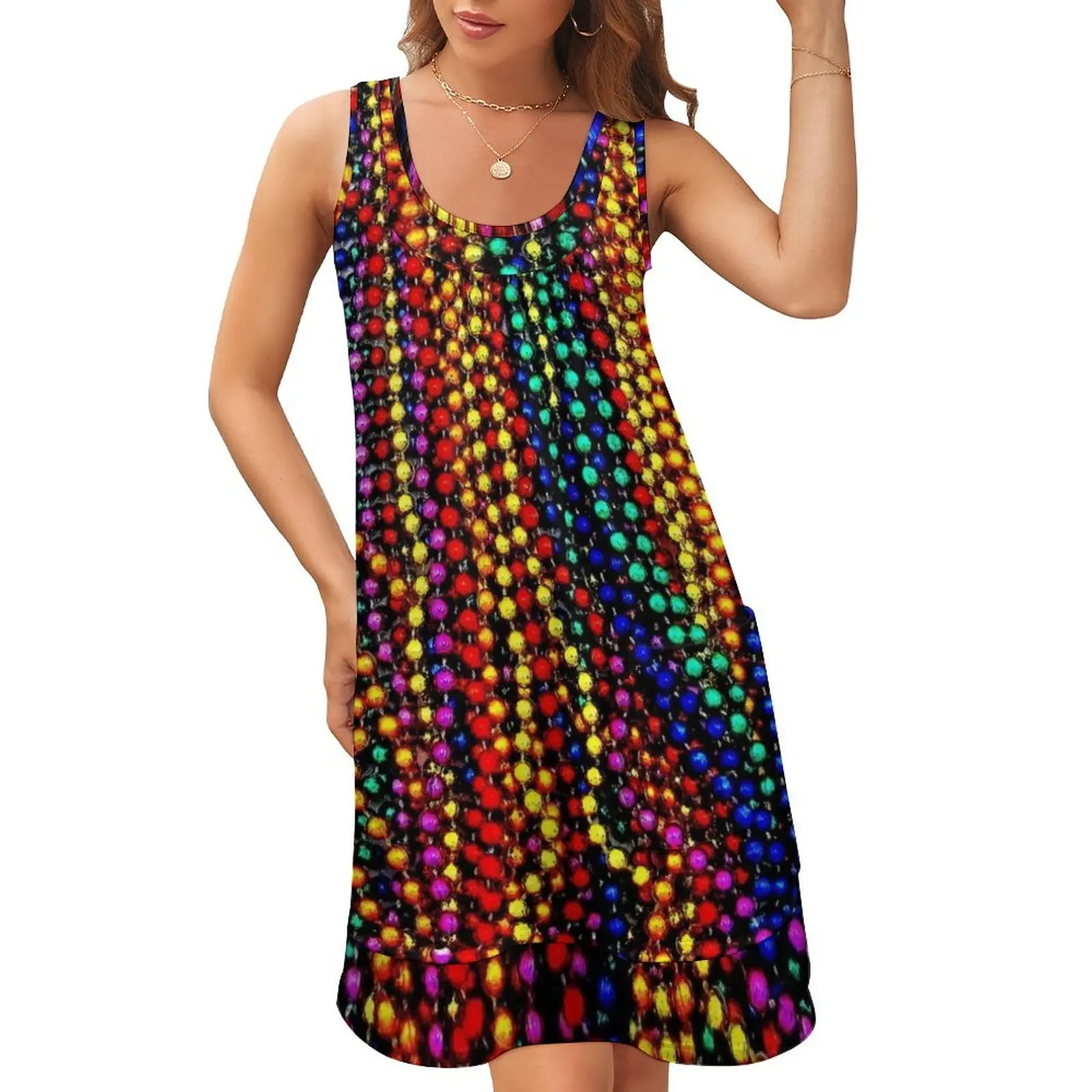 

MARDI GRAS :Colorful Beads Print Sleeveless U-Neck Fake Two Piece Dress Bridesmaid dress woman dress