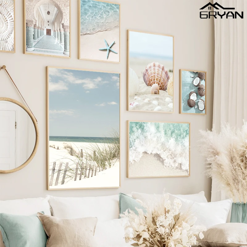 Lienzo Tropical Para Pared - Olas Del Océano Y Hojas De Palm