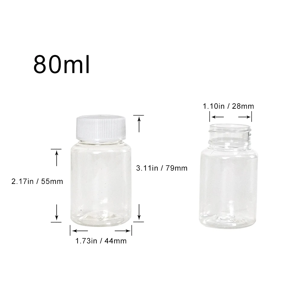 12Pcs 80ml Refillable Plastic Bottles PET with Screw Cap Empty Seal Solid Powder Medicine Pill Sample Vial Reagent Packing