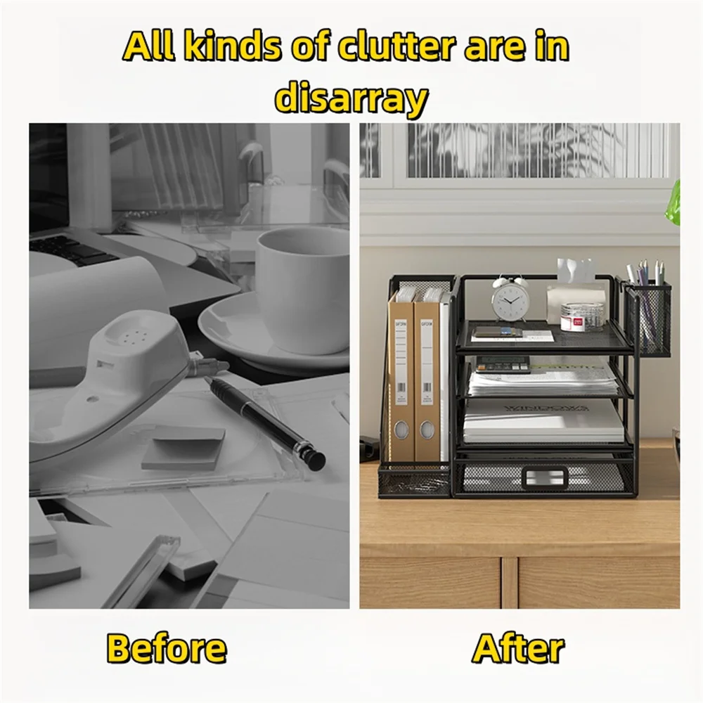 Desk Organizer File Holder 4-TIER Letter Tray Organizer Sliding Drawer 1 Pen Holder Metal Mesh Desktop file organizer desk mail organizer pen holder organizer