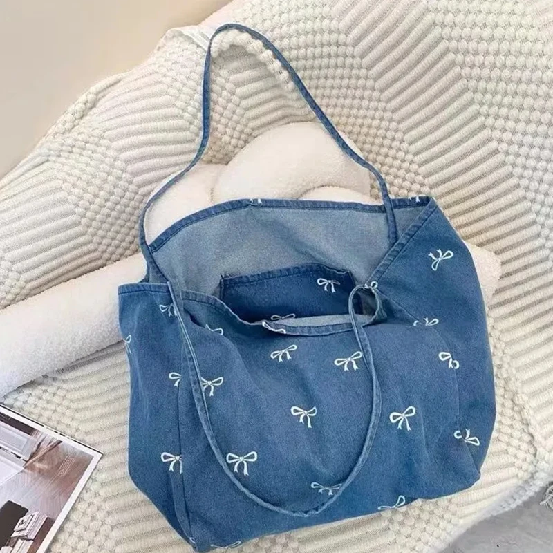 Pure Color Denim Large Capacity Tote Bag Fashion Shoulder Women's Bag Winter Casual Travel Shopper Handbags