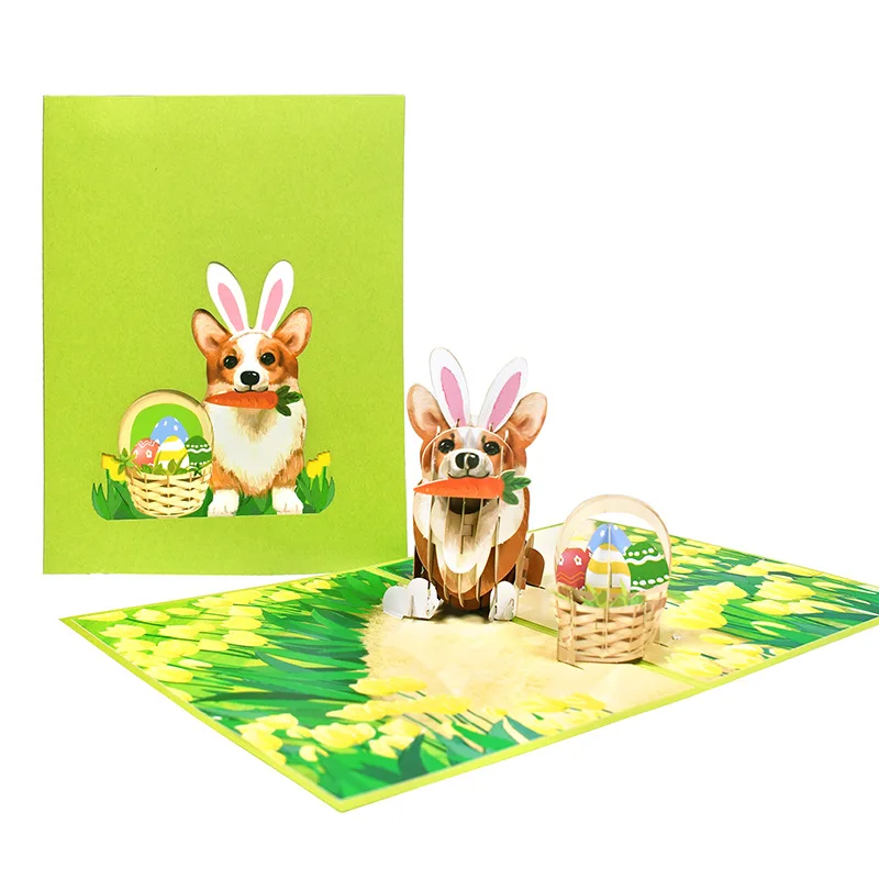 3pcs New Easter Creative Greeting Cards 3D Paper Sculpture Bunny Basket Personalized Blessing Cards Corgi Carrot Egg Gift Card