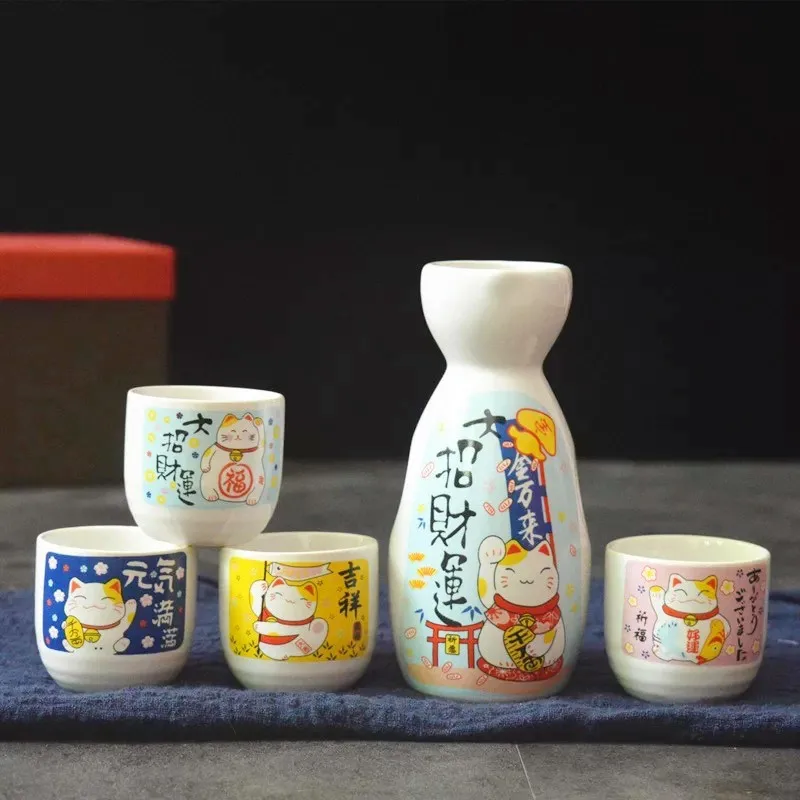 5Pcs/Set Japanese Ceramic Lucky Cat Sake Wine Bottle Creative Maneki Neko Hip Flask Flagon Liquor Spirits Wine Cup Drinkware