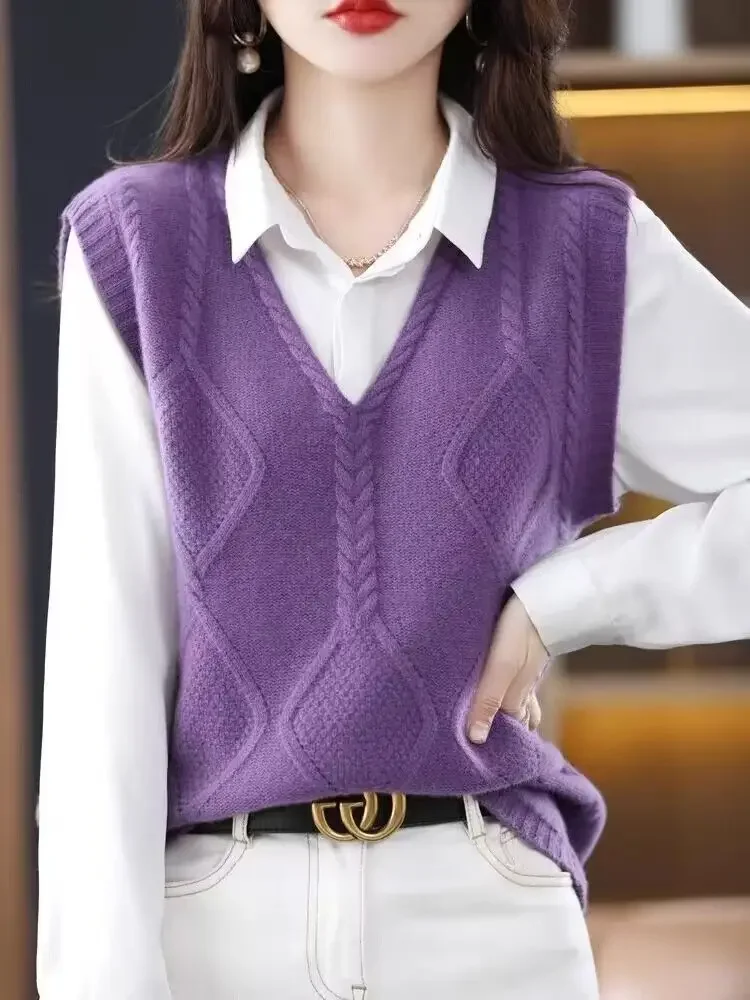 Women's Knitted Vest V-Neck Waistcoat Pullover Loose Female