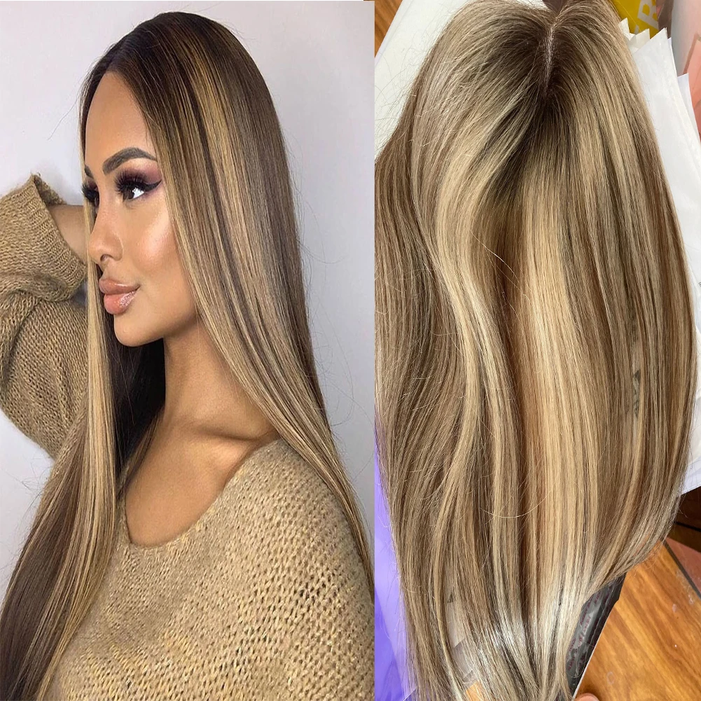 

8"-20'' 8x13cm Highlight Brown and Blonde Color Straight Women Topper European Human Hair Remy Natural Toupee Replacement