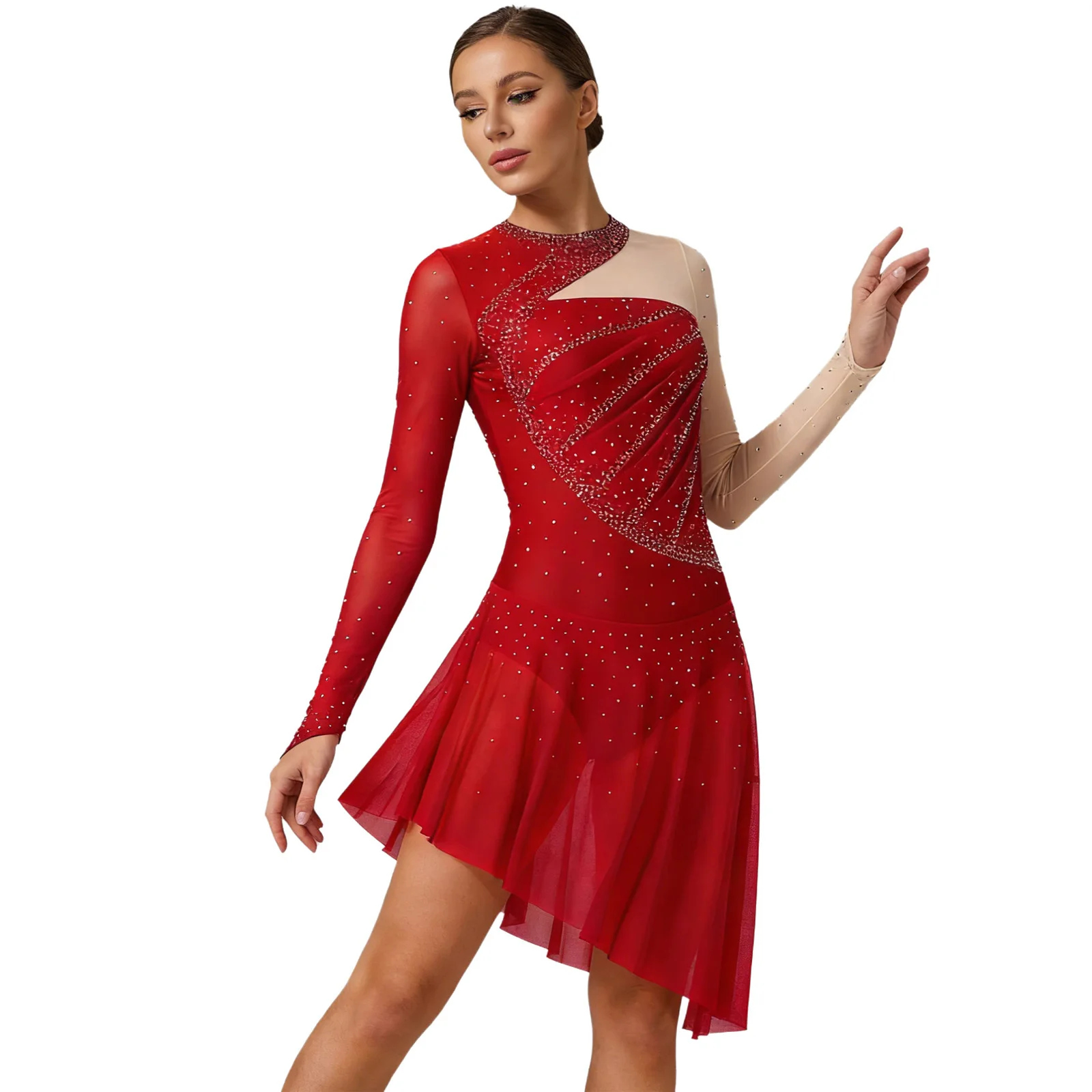 Damen Gymnastik Eiskunstlauf Ballett Lyrisches Tanz-Performance-Kostüm Strass Netzstoff Langarm Lateinamerikanisches Tanzkleid – Detail 15