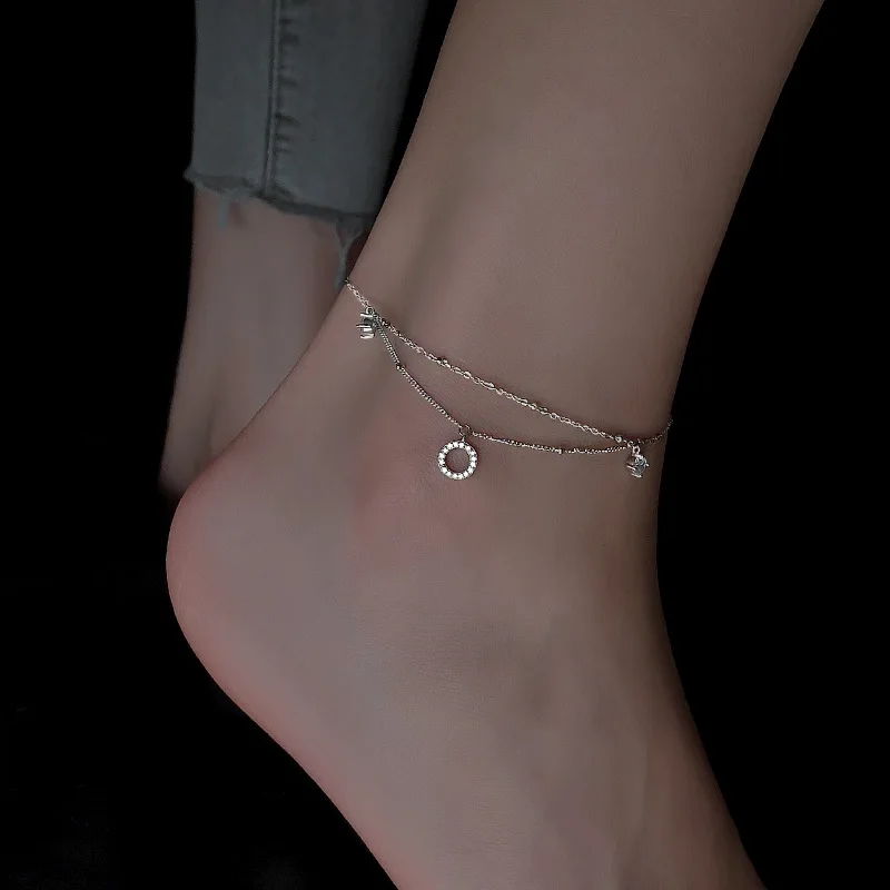 Anklet Bracelets Silver Anklets Ankle Chain 925 Sterling Silver Double Layer Design Foot Chain Tassel Zircon Women's Fine Chain Fashion Overlay Exquisite Foot Jewelry
