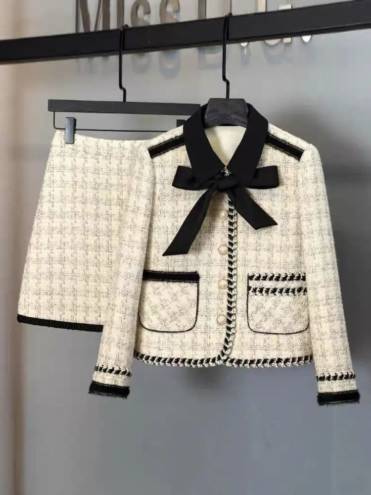 

High Street French Small Fragrant Tweed Two Piece Set For Women Fall Winter Korean Fashion Jacket Coat + Skirt 2 Piece Suits