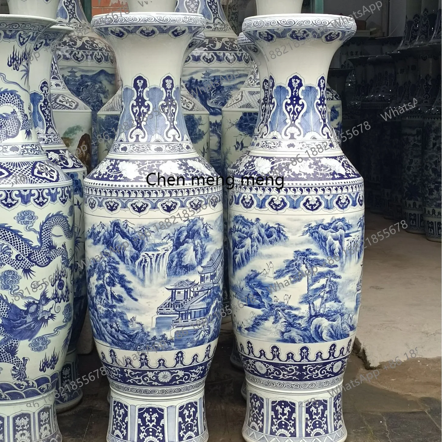 Ceramic floor standing large vase hand-painted blue and white landscape antique gold bell vase ornament - Image 3