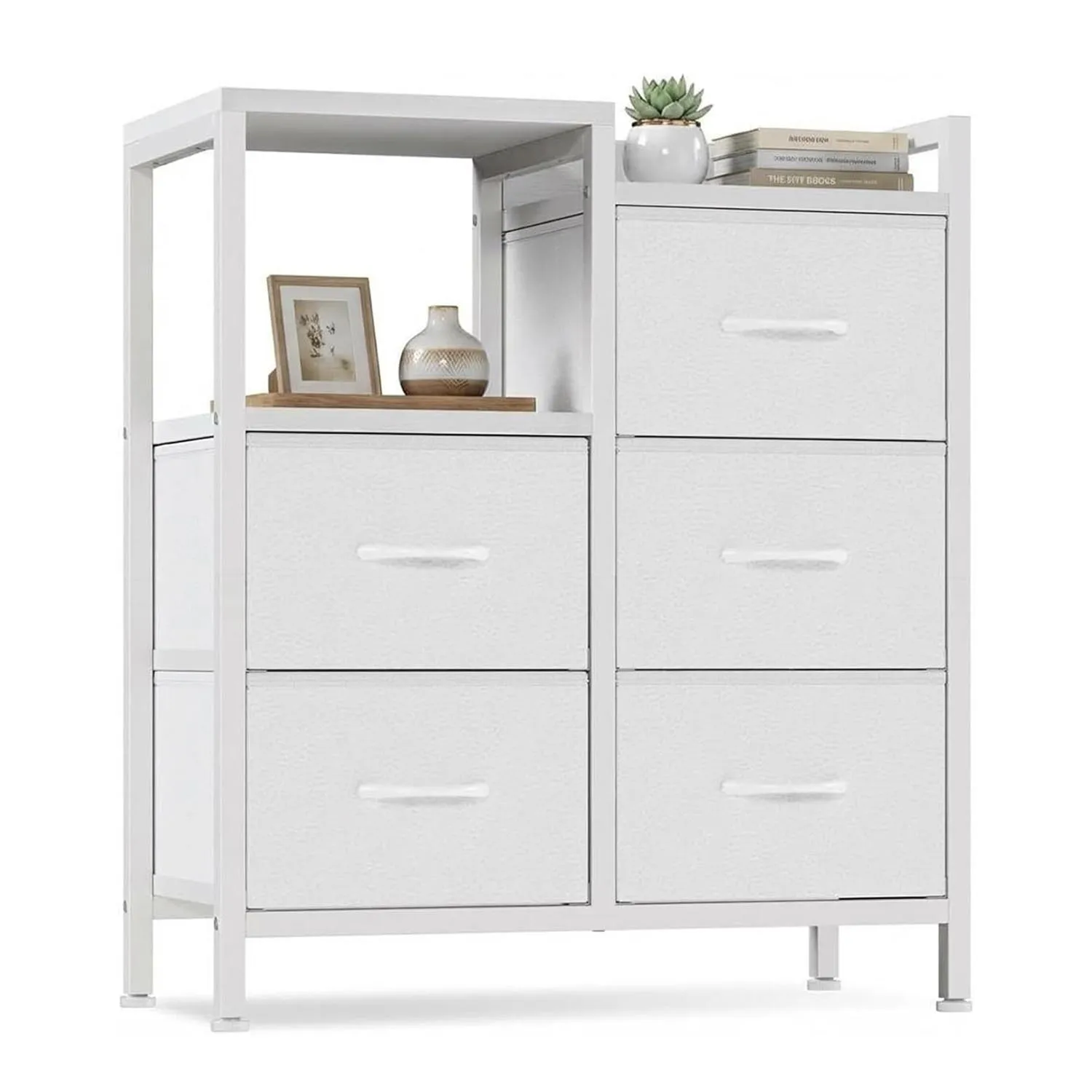 5-Schubladen-Kommode Stoff-Aufbewahrungsturm Organizer Schubladenschrank mit Offenem Ablagefach für Schlafzimmer Wohnzimmer Flur – Detail 1