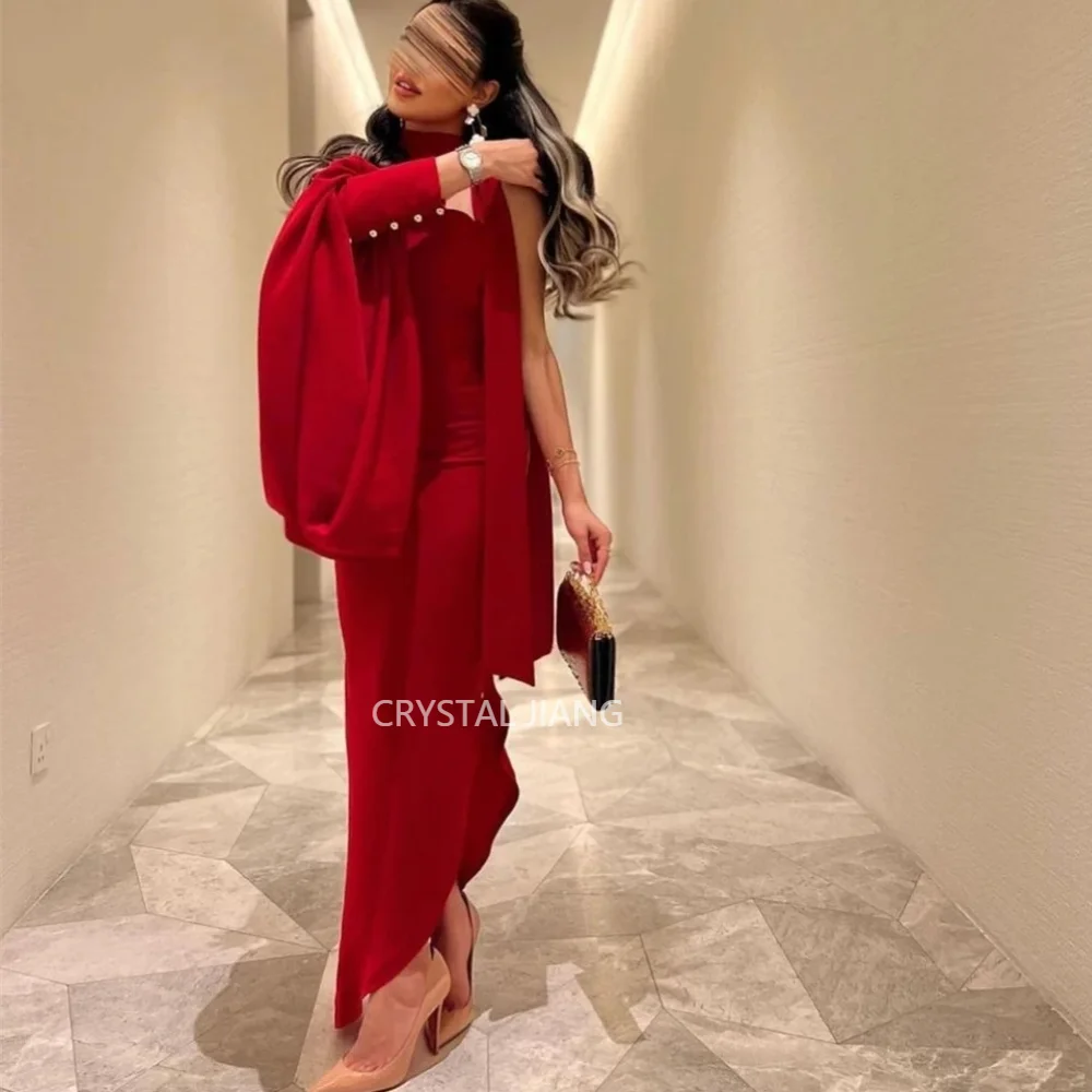 

Classy Long Red One Shoulder Evening Dresses Full Sleeves A Line Ankle Length فساتين سهرات for Women Party Gowns