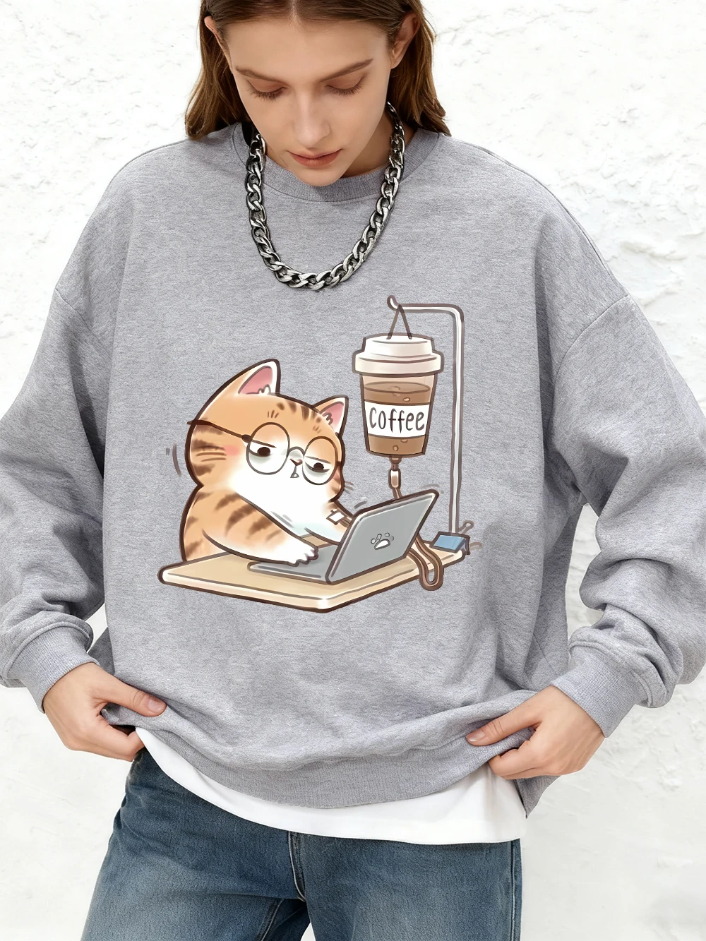 Arbeit Katzen Mit Kaffee Gedruckt Sweatshirt Frauen Casual Warme Lange Ärmel Hoodie Jogger Crewneck Pullover Herbst Oversize Kleidung – Detail 15