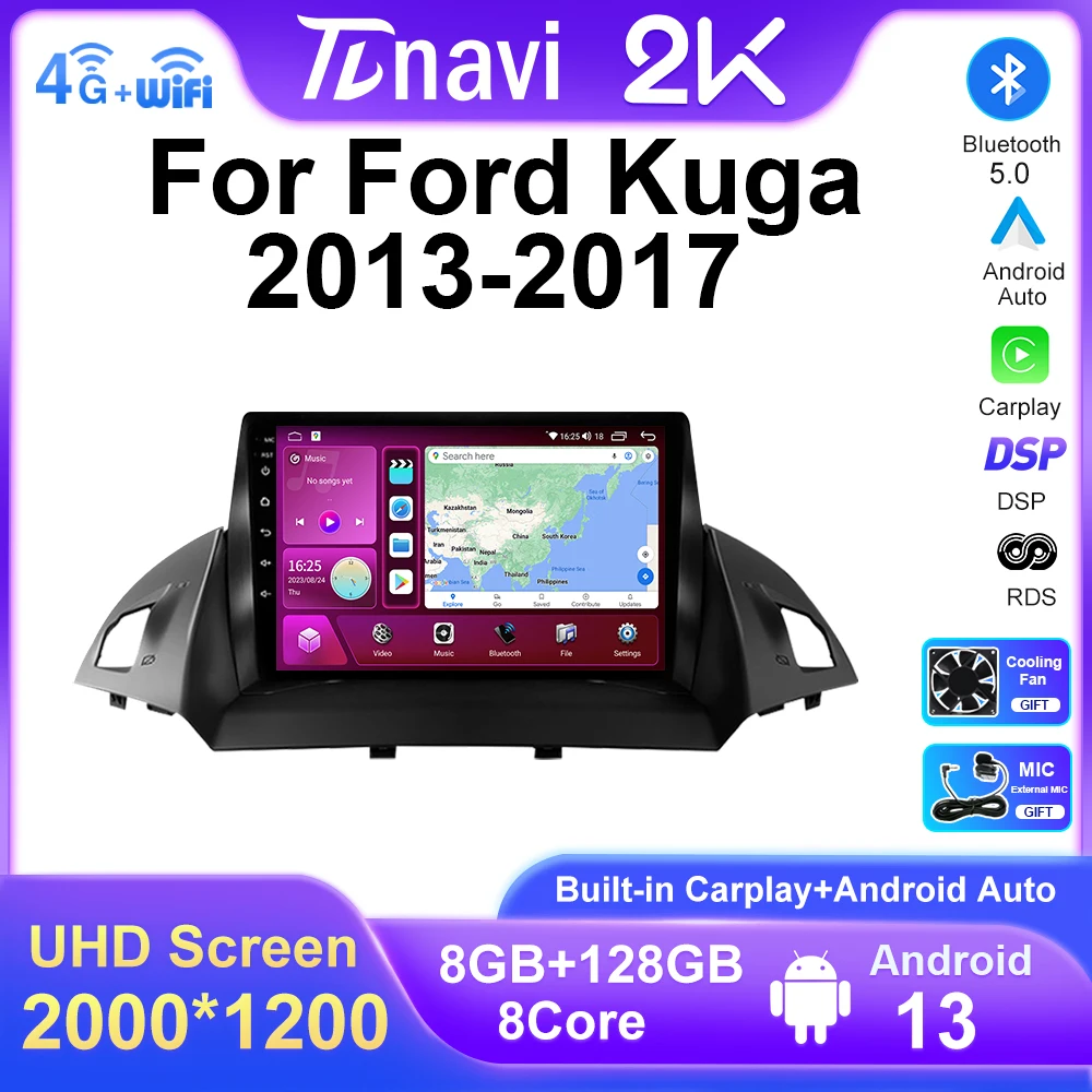 

Автомобильный радиоприемник 2 Din Android 13 для Ford C-MAX Kuga 2 Escape 3 2013 2014-2017, мультимедийный плеер, навигация GPS, 4G авто Carplay