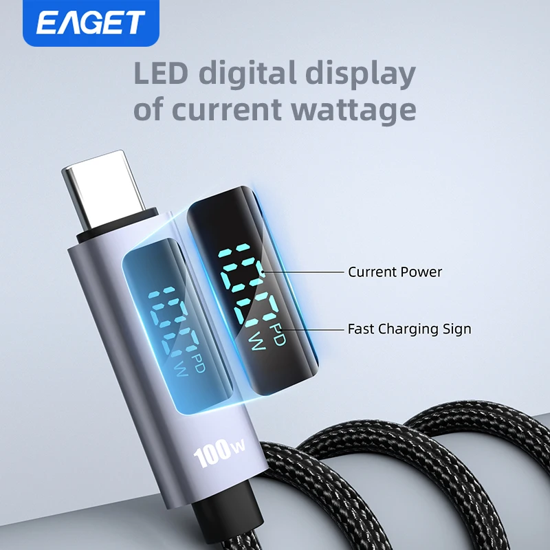 EAGET 100W USB C 고속 충전 케이블 USB-C to USB-C PD3.0 디스플레이 화면 E-Marker 칩 내장 나일론 소재 노트북 태블릿 휴대폰용
