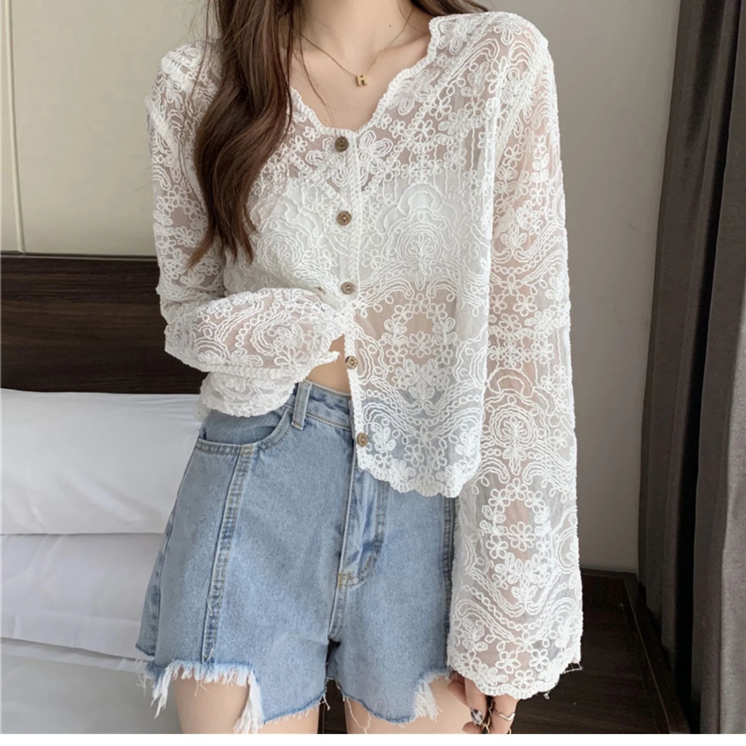 Women Lace Crochet Blouse Shirt Black White