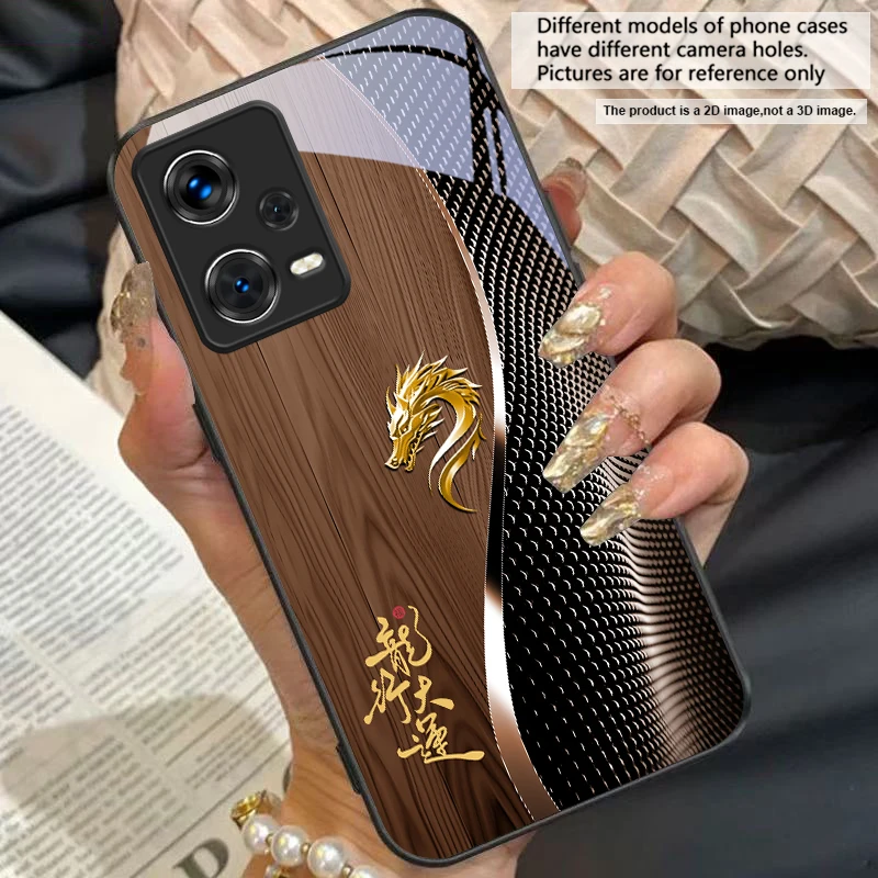 Elegant Black Tempered Glass Phone Case with Traditional Dragon Totem Design