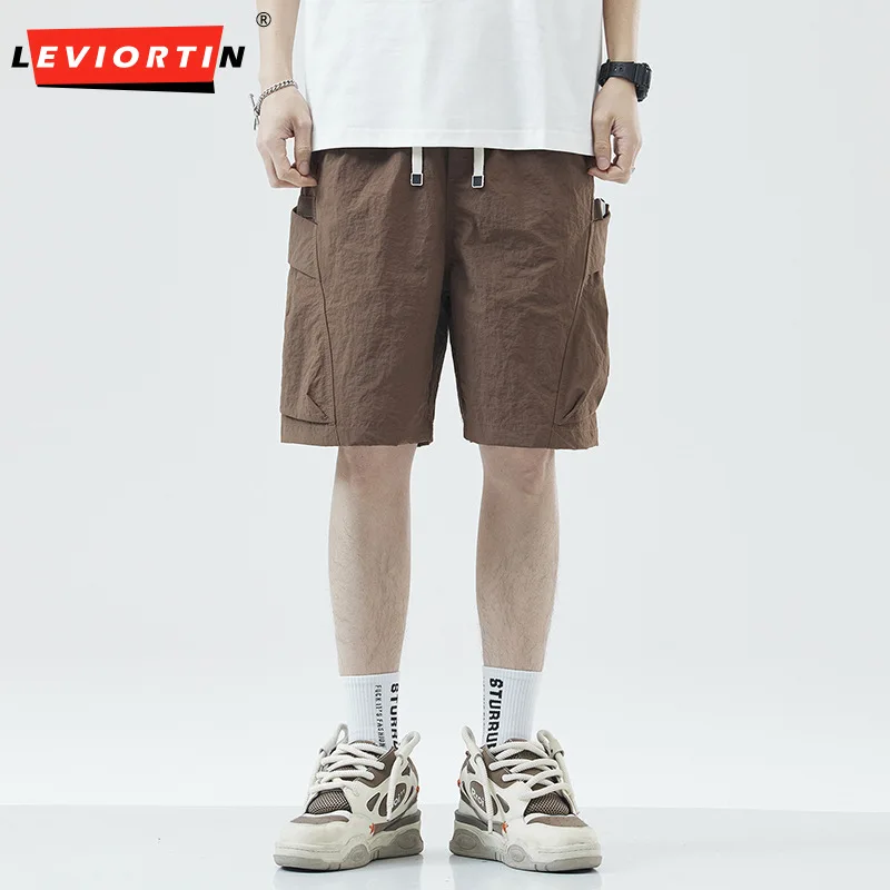 American orange casual shorts, men's trendy loose nylon five point paratrooper beach, summer thin ice silk oversized shorts