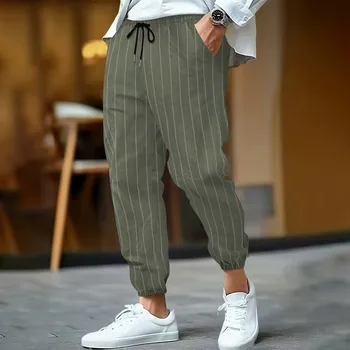 2025 nuovi pantaloni casual da uomo in lino con coulisse, pantaloni sportivi larghi, traspiranti e alla moda a righe retrò 1