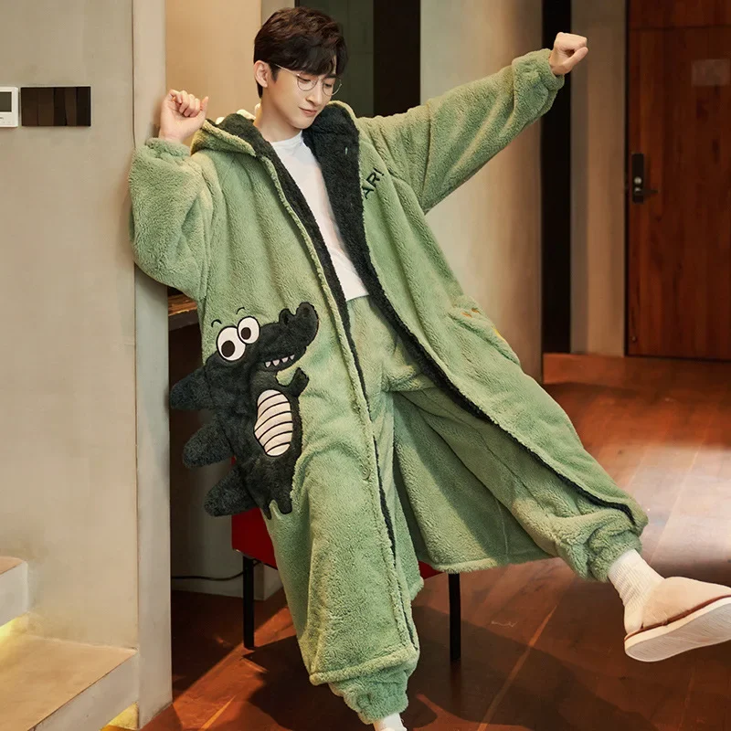 Winter Teen Nightgown Homewear Hoodie Set Coral Velvet Cartoon Flannel Thickened Fleece Cosy Thermal Pajamas for Men and Women men pyjamas,women pyjamas set