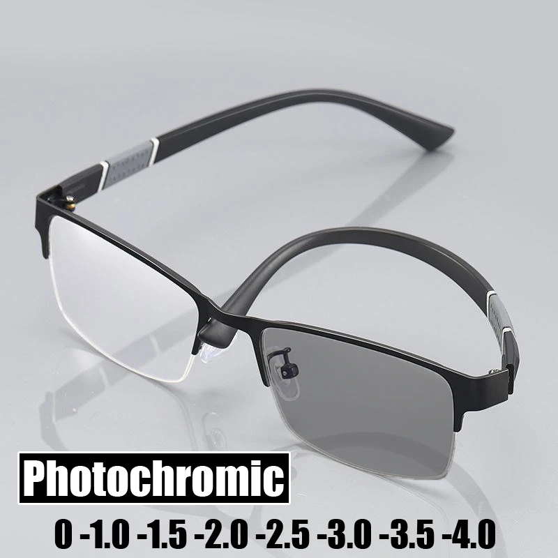 Intelligente photochrome Nahsicht-Sonnenbrille für Geschäftsfrauen und Herren, Retro-Halbrahmen aus Metall, Myopie-Brille, Anti-UV-Minus-Brille