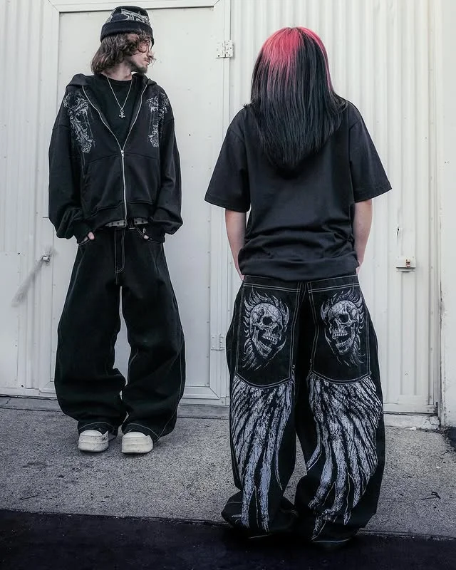 Men's Streetwear Hiphop Baggy Wide Leg Jeans Vintage 90s Heavy Embroidery Skull Wing Oversized Denim Trousers