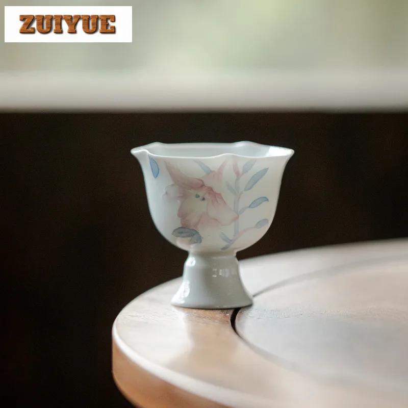 2pc/lot Japanese Hand Drawn Lily High Footed Teacup Ancient Flower Mouth Tea Bowl Cup For Tea Personal Cup Chazhan Mug 75ml
