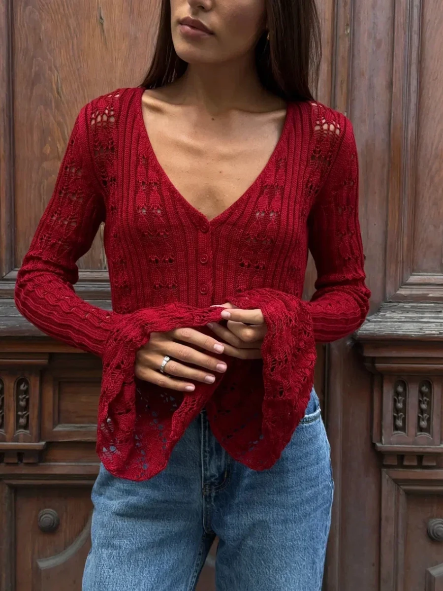 Bornladies Summer Women's Hollow Knit Cardigan New Solid Color Long Sleeved Shirt Female Fashion V-neck Short Knitted Top