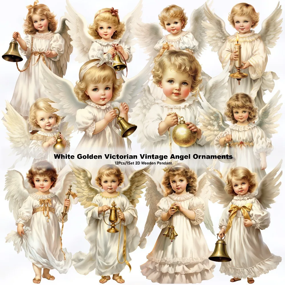 36/12pcs Christmas Vintage Wooden White Angel Pendant Merry Christmas New Year Pendant Gift Christmas Tree Decor Supplies