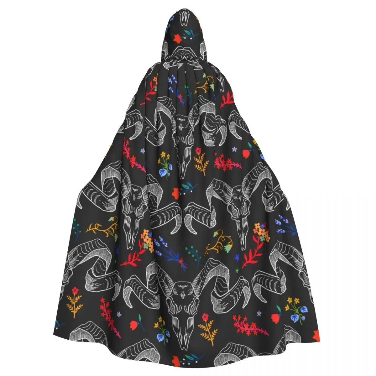 

Hooded Cloak Polyester Unisex Witch Cape Costume AccessorySkull With Horns Among The Flowers