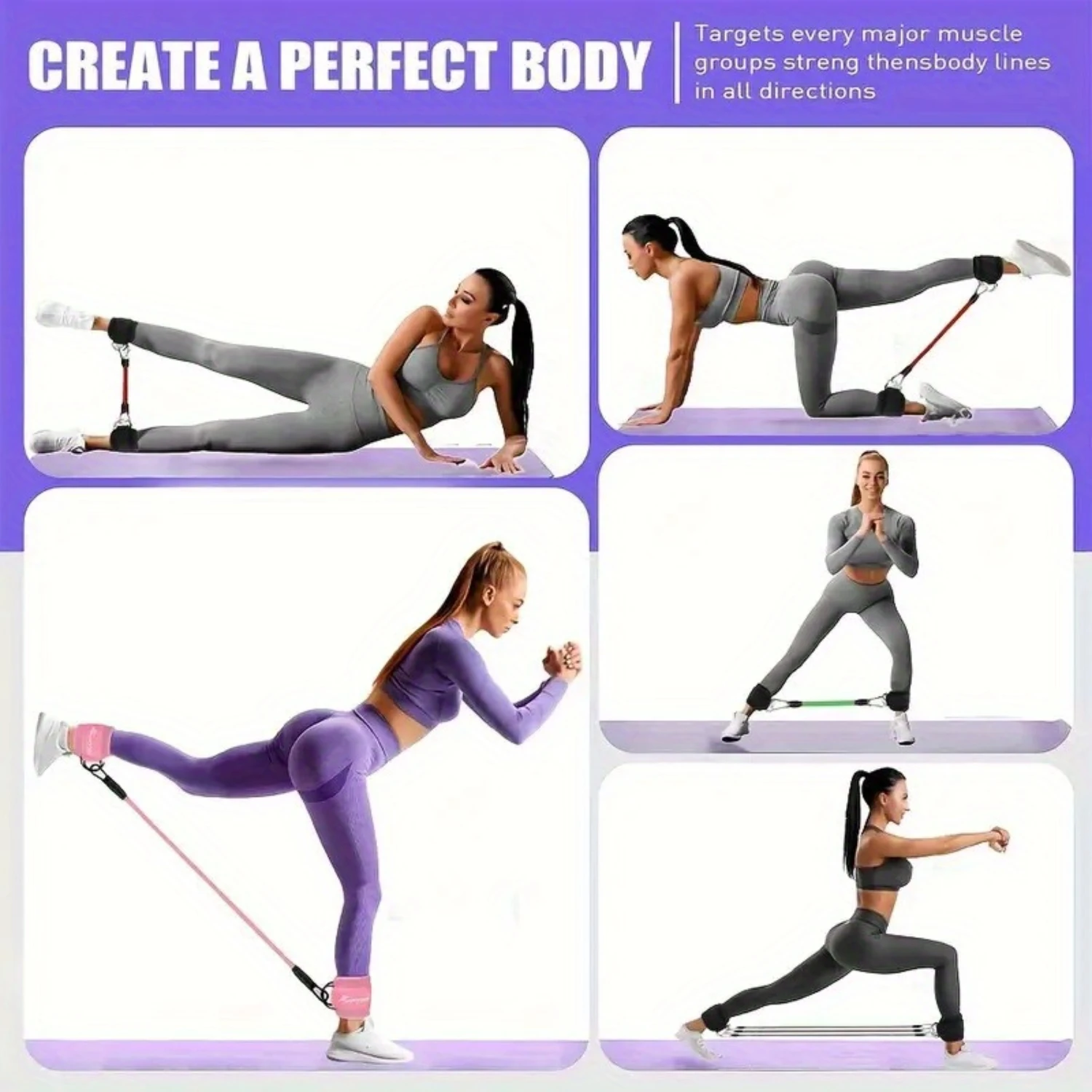 Universal Polyester Fitness Ankle Straps Set with 3 Resistance Bands, 2 Ankle Cuffs for Leg and Glute Exercises, Muscle Toning -