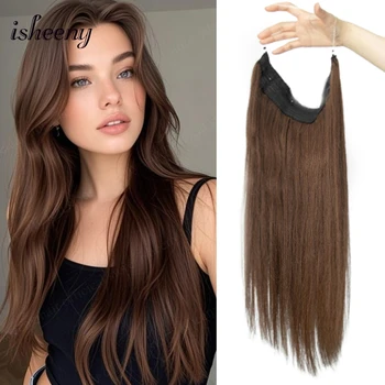 isheeny 12-22 inches Adjustable Fish Wire Clip in Human Hair One Piece Natural Brown Color Halo Extensions Real Hair 60G-100G