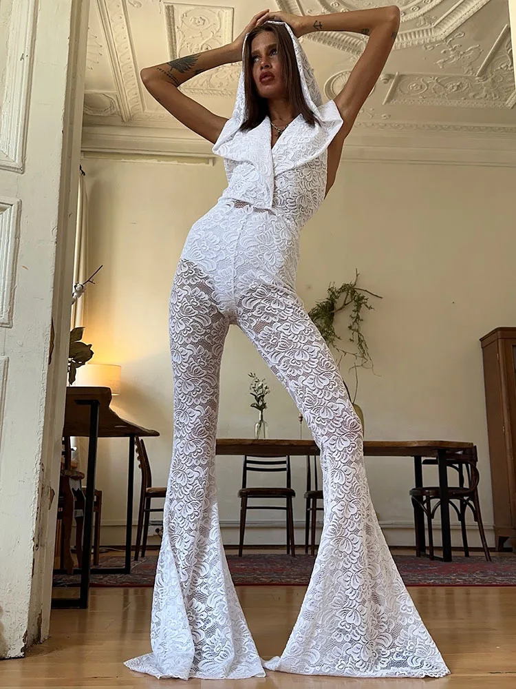 

Женский комбинезон с открытой спиной Sifreyr, однотонный кружевной прозрачный Облегающий комбинезон с капюшоном, расклешенные брюки, облегающая Клубная одежда