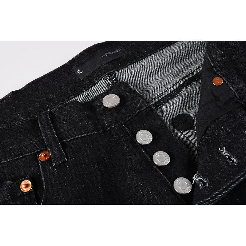 Americans High Street Style Distressed Classical Black Skinny Button Fly Destroyed Holes Slim Fit Graffiti Ripped Jeans ripped jeans,ripped patchwork jeans