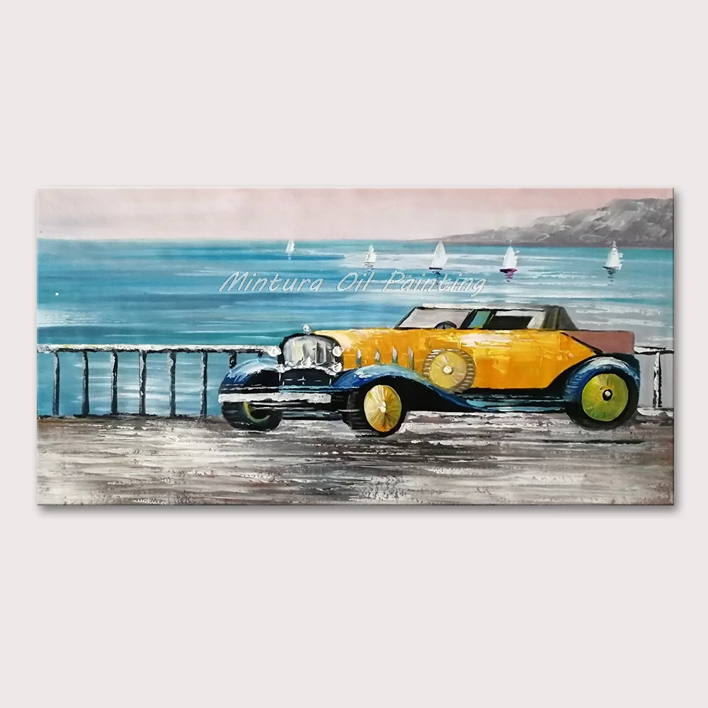 

Mintura Wall Picture for Living Room Oil Painting on Canvas,Hand-Painted The Beach and The Old Car Home Decor Wall Art No Framed