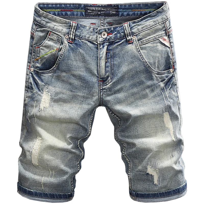 Summer Fashion Men Jeans Embroidery Designer Retro Elastic Slim Fit Ripped Short Jeans Men Vintage Casual Denim Shorts Men