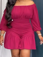 Rose Red Casual Off-the-shoulder Three-quarter Sleeve Ruffle Fitted Holiday Jumpsuit - Image 2