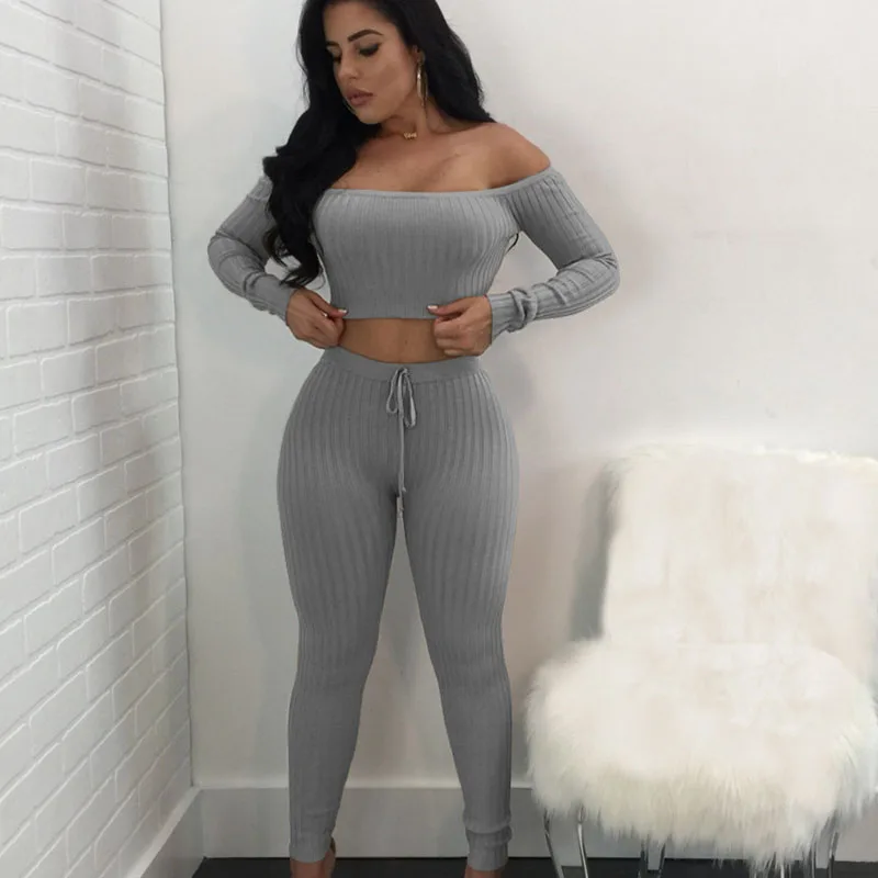 Sexy Knit Rib Two Piece Sets Womens Outfits Club Long Sleeve Slash Neck Crop Top and Pants Fall Clothes for Women Matching Sets