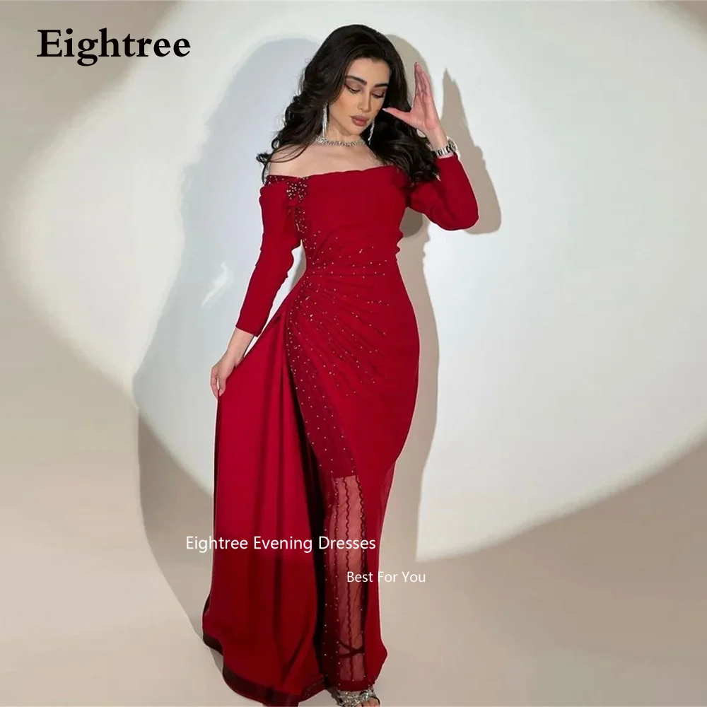 

Eightree Red Prom Dresses Vintage Mermaid Sequined Off The Shoulder Satin Formal Evening Dresses 2023 Abendkleider Dubai