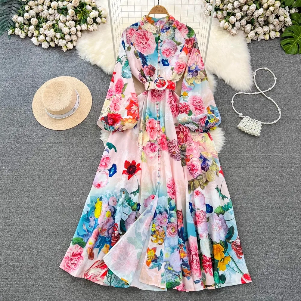 

High Quality Spring Women Fashion Runway Holiday Maxi Dress With Belt Long Sleeve Flower Printed Buttons Party Vestidos 6559